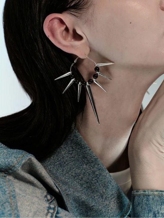 Jewelry - Goth Punk Silver tone Spike Hoop Earrings with Black Bead Accents NWT